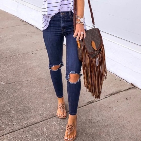 FREE PEOPLE Skinny Knee Hole Jeans Medium Wash 27 - Picture 2 of 9